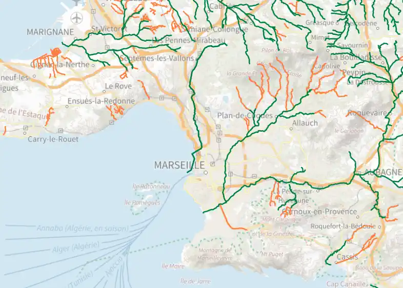 Plan des cours d'eau de Marseille